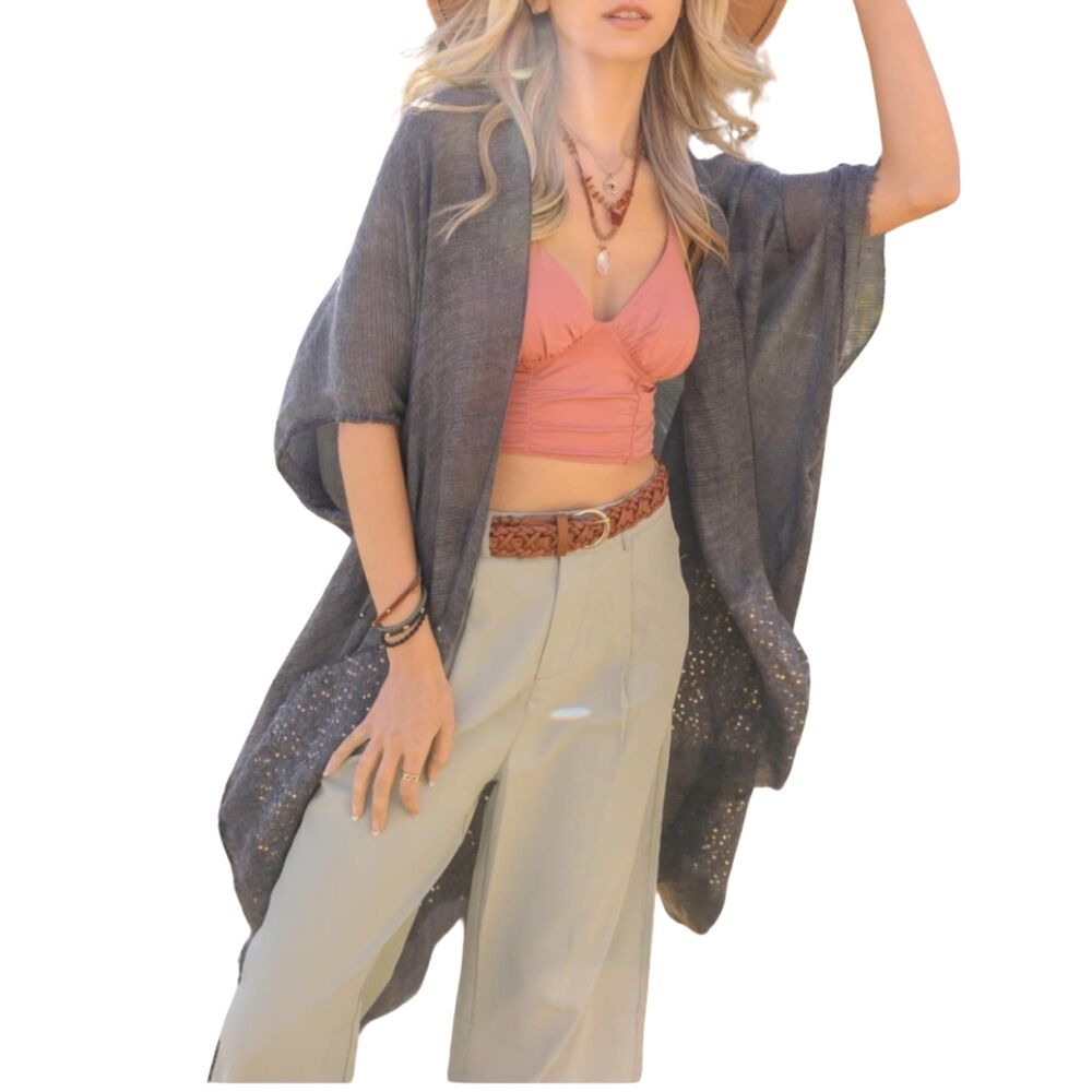 Silver Sequin Kimono Gauzy Open Weave, Hand-Dyed, One Size Fits Most Lightweight
